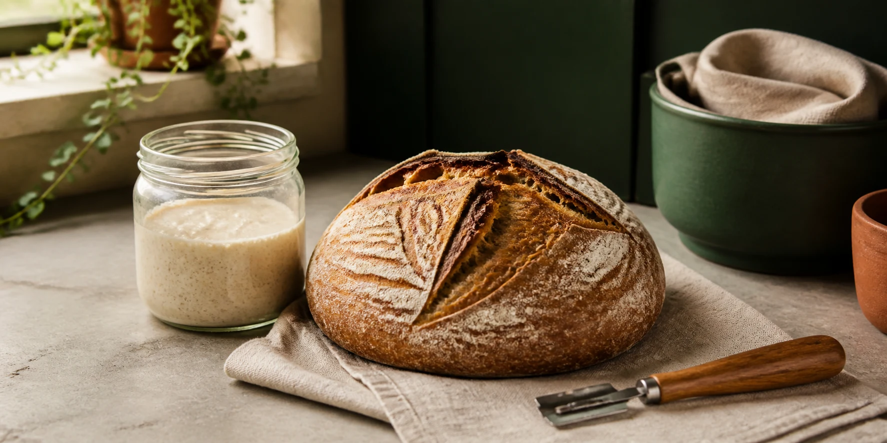 Sourdough loaf, starter and baking tools